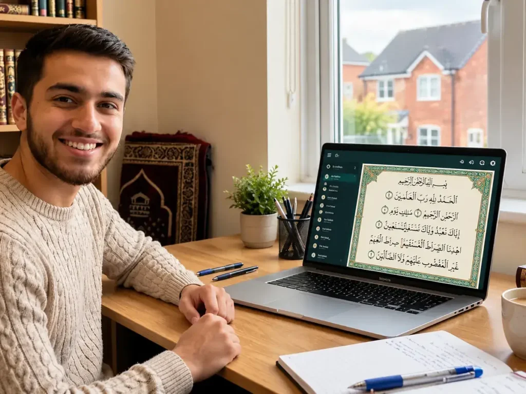 Adult learner reading the Quran online on a laptop at home