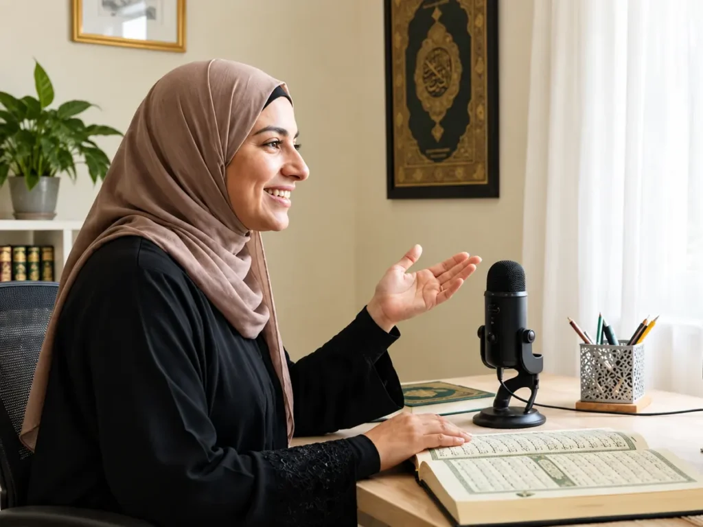 Female Quran teacher teaching a live online class